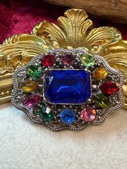 Vintage Silver-Tone Brooch Pendant Multicolor Czech Art Glass 2×1.5 Inches Blue