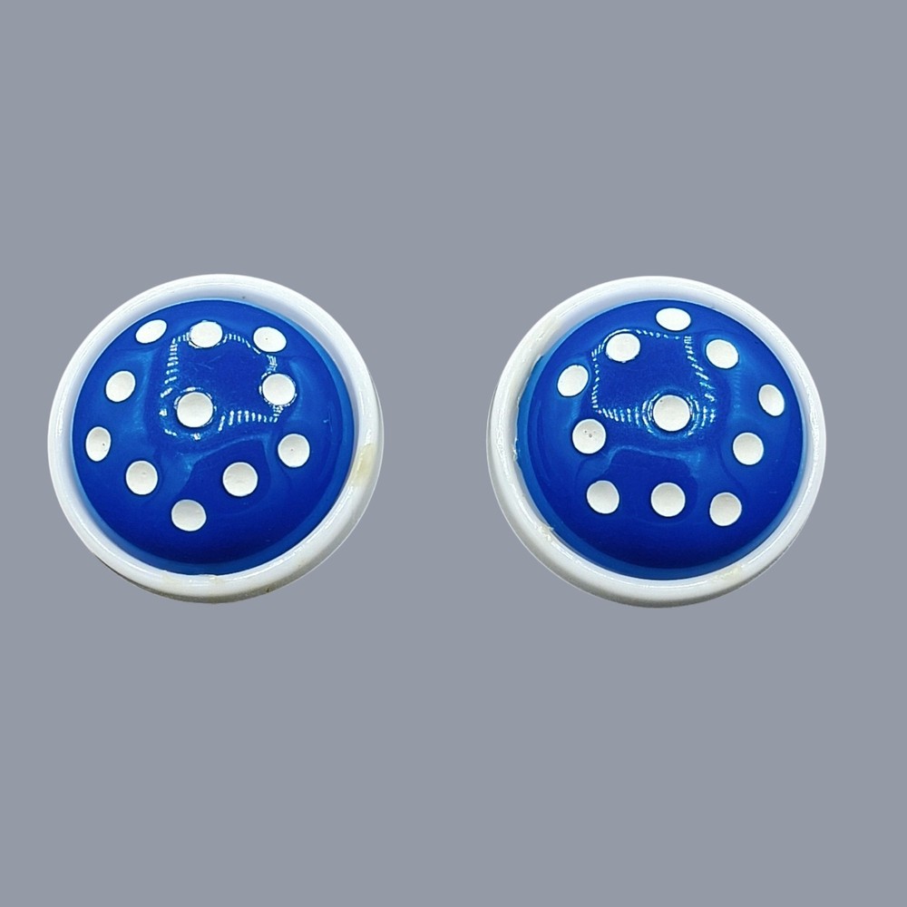 Vintage Mod Blue White Polka Dot Clip On Earrings Acrylic Dome 1″ Retro Pop Art