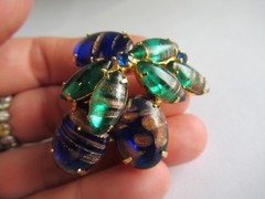 Vintage blue green rhinestone Glass brooch pin