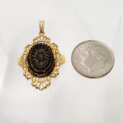 Vtg 1/20-14K Gold Filled GF Pendant Intricate filigree ONYX Dainty signed Estate