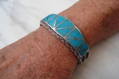 Heavy Inlay Channel Set TURQUOISE ZUNI Stamped STERLING Silver Overlay BRACELET