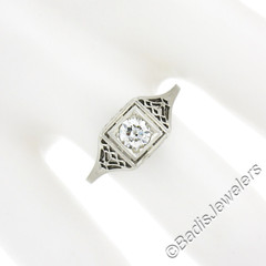 Antique Art Deco Belais 18K Gold Old European Diamond Squared Filigree Work Ring