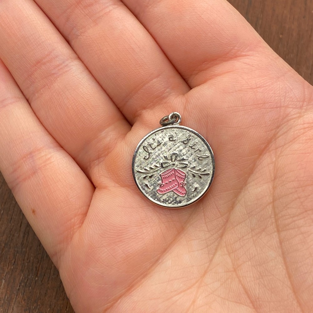 Vintage Wells 925 Sterling Silver Enamel “It’s a Girl” Pink Bootie Pendant Charm