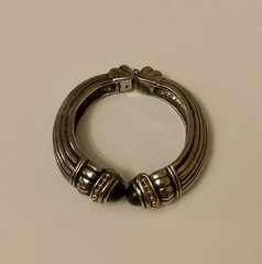 Vintage Silver Tone & Gold Tone Bracelet Black Onyx Striped Hinged Cuff