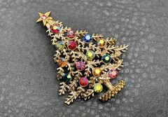 Vintage Weiss Gold Tone AB Aurora Borealis Rhinestone Christmas Tree Brooch Pin