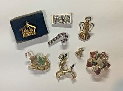 Vintage Lot 8 Christmas Brooch Pins AVON Angel Nativity Tree ROMAN Bow Reindeer