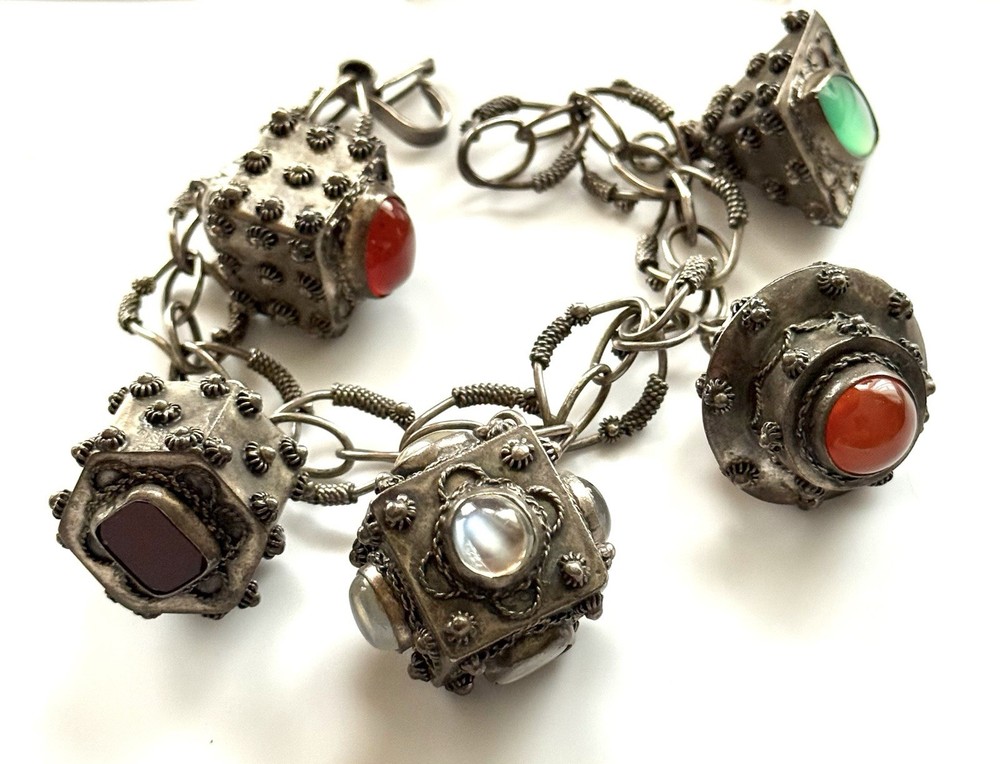 Antique Silver Etruscan Large Charm – Fob Bracelet
