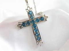 Vintage Sterling Silver 925 Heated London Blue Topaz Cross Pendant Necklace