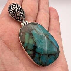Huge Vintage Women’s Jewelry Silver 800 Pendant Natural Chrysocolla Stone 16.7gr