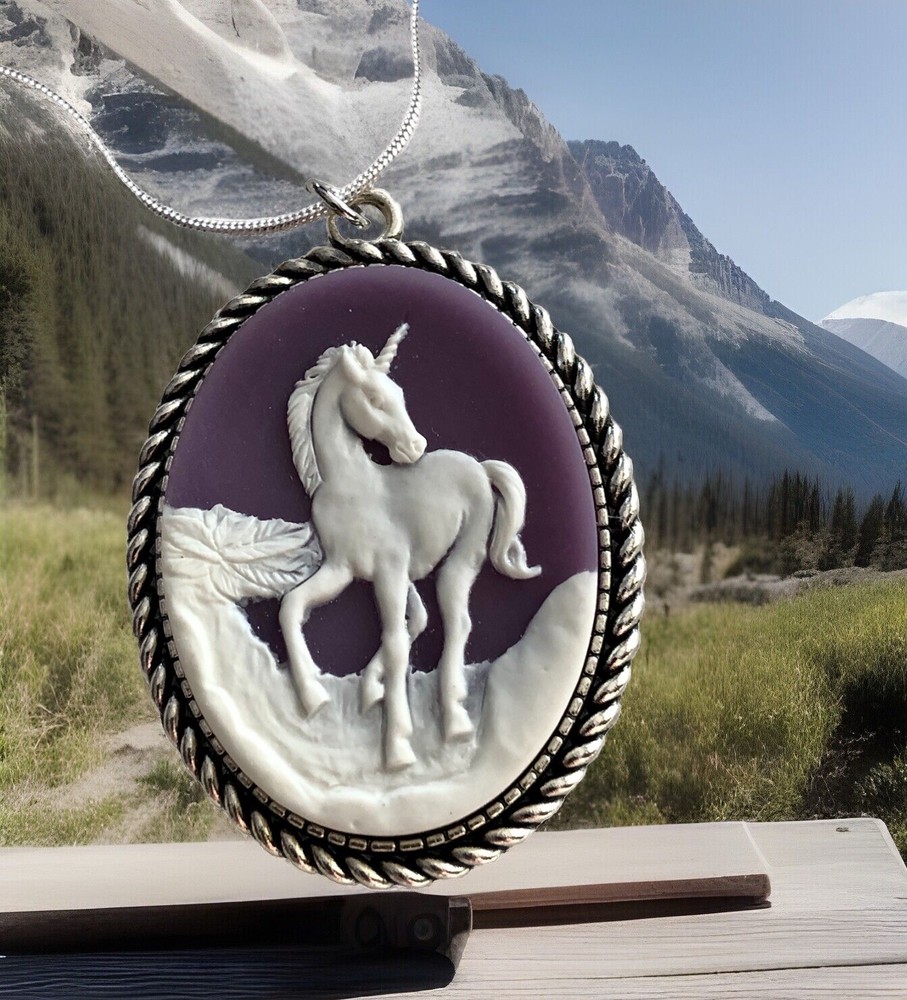 Vintage Purple Unicorn Cameo Necklace Pendant, Sterling Silver Chain