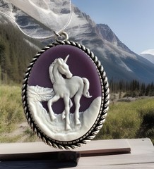 Vintage Purple Unicorn Cameo Necklace Pendant, Sterling Silver Chain