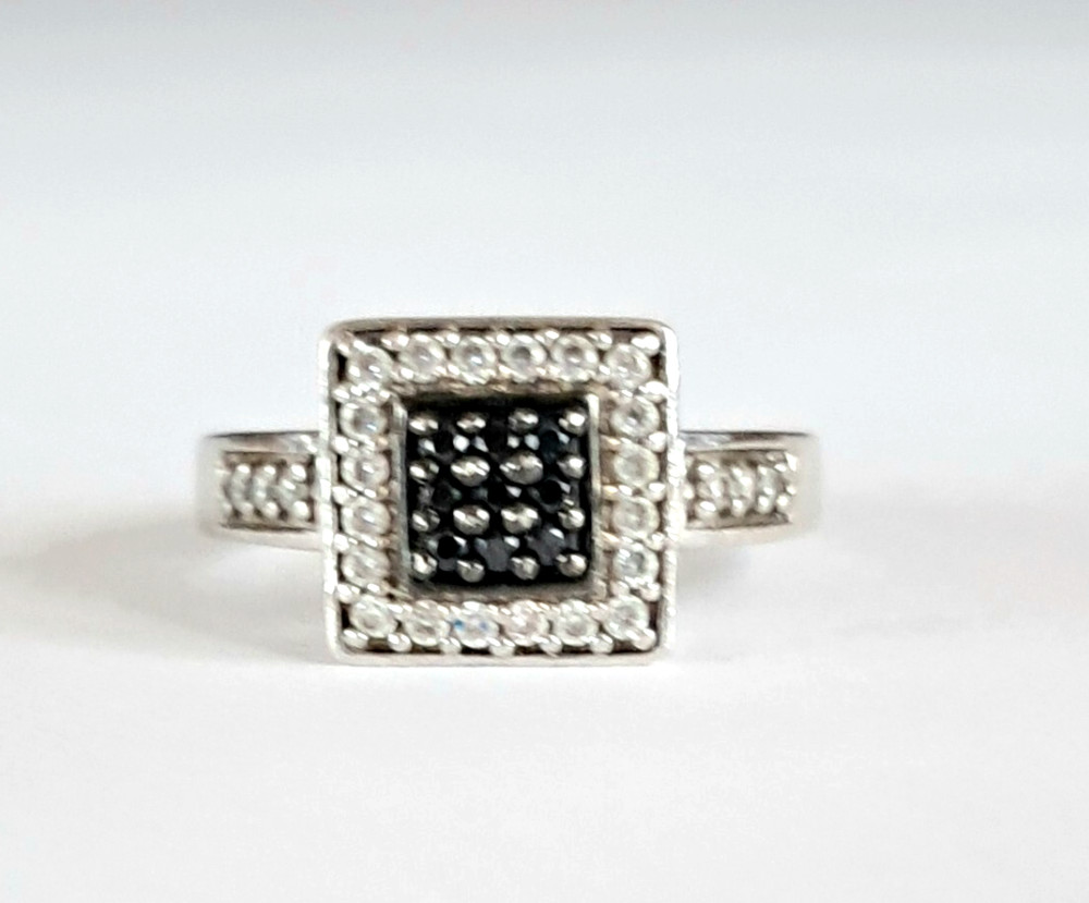 Vintage Sterling Silver Black Clear Square Cushion Diamond Ring
