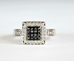 Vintage Sterling Silver Black Clear Square Cushion Diamond Ring
