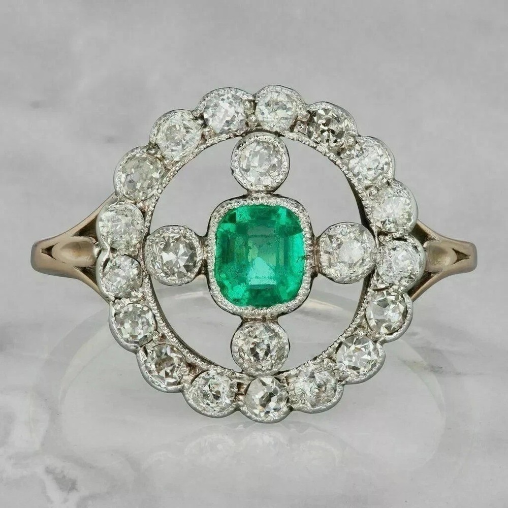 Art Deco Style Lab Created Cushion Emerald & Diamond Engagement 925 Silver Ring