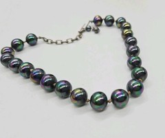 Peacock Black Pearl Hand Strung Beaded Choker Necklace Hand tied knot Vtg 16 in