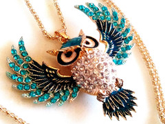 RHINESTONE OWL NECKLACE!Blue Enamel Bird Pendant.Aqua & Clear Crystals.Gold Tone