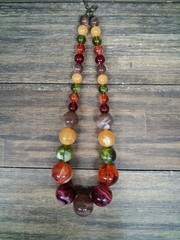 Vintage Beaded Necklace Yellow Brown Orange Magenta Marble Swirl Style