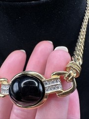 Vintage Lanvin Germany Gold Tone Black Stone And Crystal Necklace