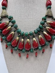 Vintage Tribal Boho Statement Necklace Brass Green Stone Red Glass