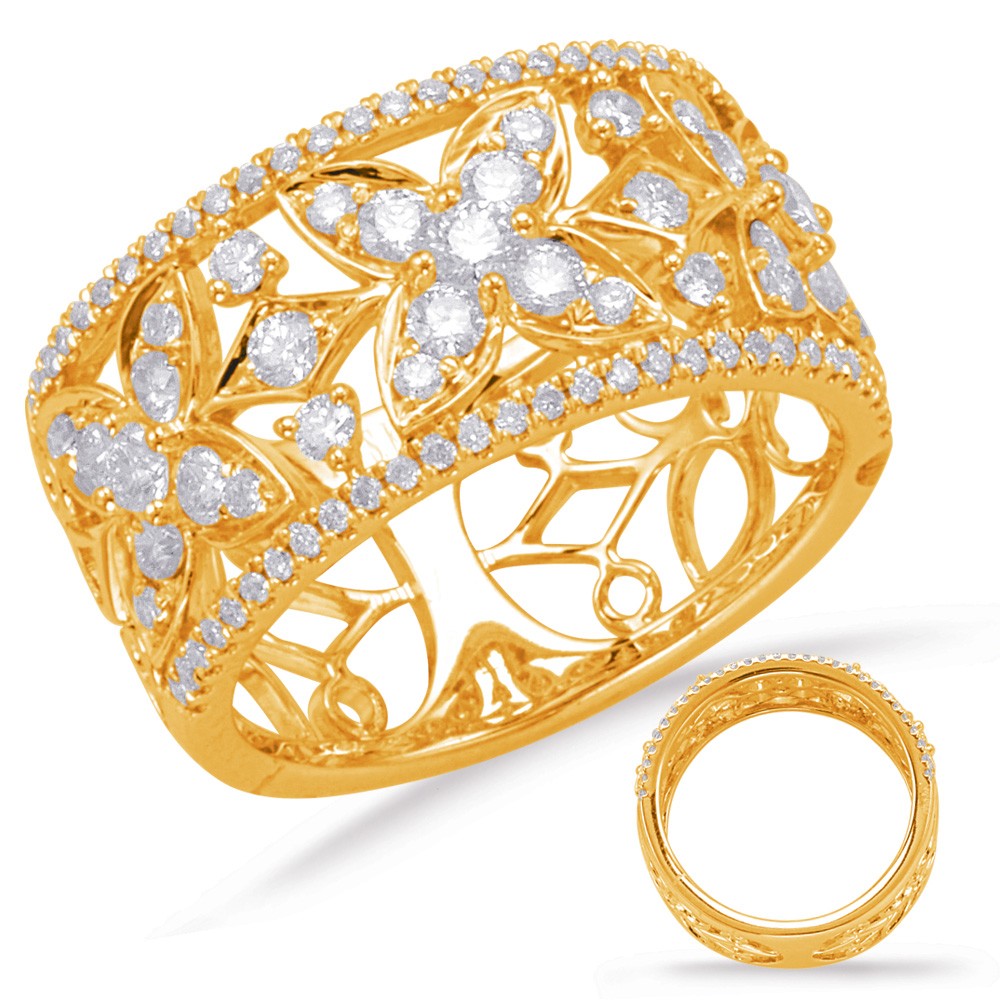 ESTATE WIDE 1.03CT DIAMOND 14KT YELLOW GOLD 3D OPEN FILIGREE FLOWER LOVE RING