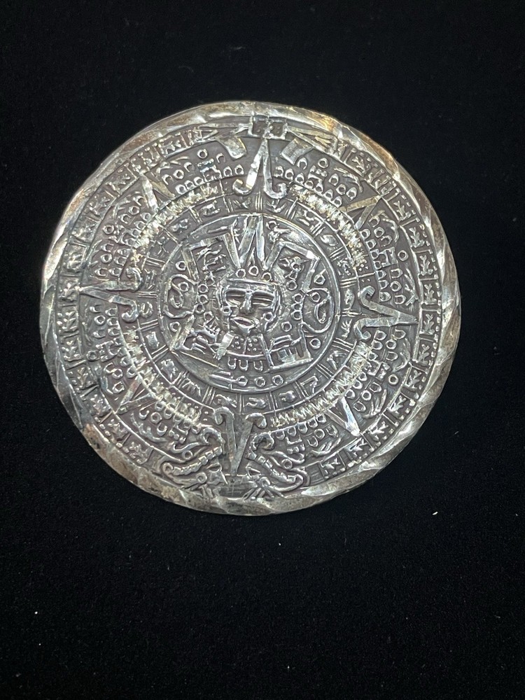 Vintage Mexico Sterling Silver Mayan Aztec Calendar Brooch Pin Pendant