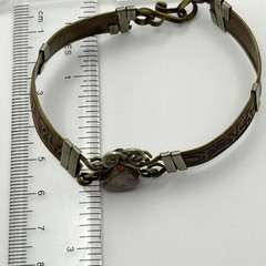 Leather Jasper Stone Bracelet Egyptian Revival Vintage Brass 6.75 in