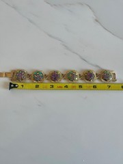 Vintage Judy Lee Poured Glass Iridescent Crystal bracelet 7.5” Gold tone Signed