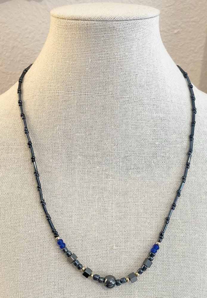 Hematite Blue Bead Vintage Barrel Clasp Necklace