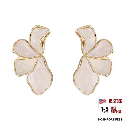 Irregular Unique Statement White Flower Earrings Big Floral Chunky Gold white