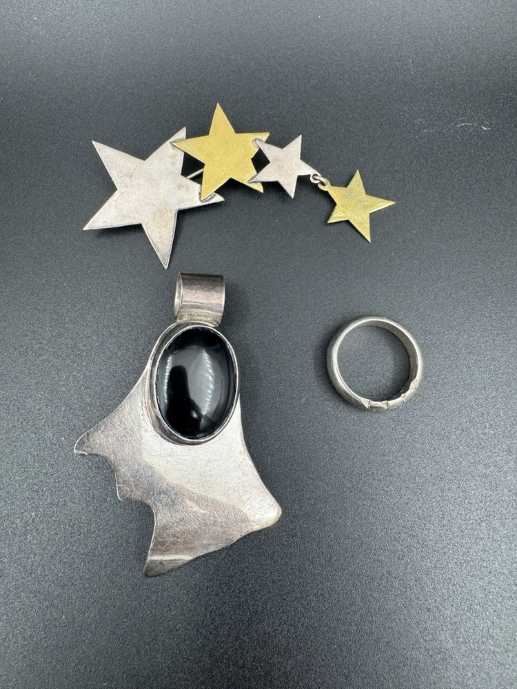 Vintage Sterling Silver Lot 925 Mexico Modernist Onyx Pendant Brooch Ring