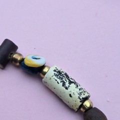 Vintage Boho Beaded Necklace Painted Glass Carved Wood Shell Metal Beads
