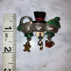 Vintage Cat Brooch with Christmas Holiday Charms Winter Pendant Pin Jewelry