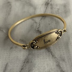 Victorian revival cursive antique gold Love panel tension bangle bracelet