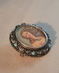 Antique 800 Silver Handpainted Lady Portrait Cameo Brooch Pendant Turquoise Cabs
