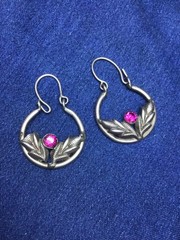 Vintage Hazara Silver Earrings 8.7g Pink Glass Stone Tribal Ethnic Hoop Drop