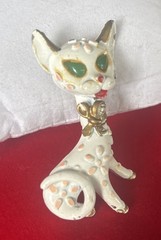 VTG Green Eyed White Enamel Copy Cat 1970’s Pet Pin Brooch Adorable