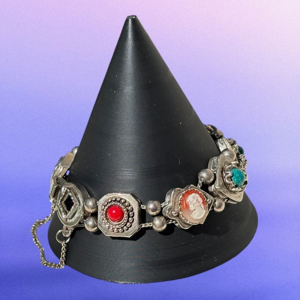 Vintage Victorian Revival Slide Bracelet Silver Tone Cameo Charm Safety Chain