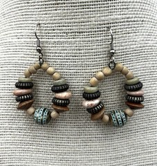 Vintage 1990s Boho Hoop Earrings Wood Metal Beads Earth Tones Limited Express