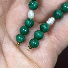 VTG Round Malachite Beads (No Clasp) Fresh Water Pearls Segment Bracelet 6-3/8”