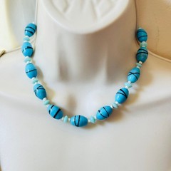 VTG Art Deco Czech Pastel Blue Glass Choker Necklace Retro Aqua Chunky Beads 16″