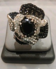 Flower Cocktail Ring Silver Tone Clear/Black Rhinestones Stretch Band