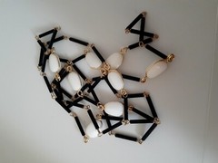 Vintage Black, gold & White lucite/glass Bead Single strand Station necklace 40″