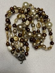 VINTAGE ESTATE 3 STRAND CHAMPAGNE BROWN GENUINE PEARL 6 BEAD NECKLACE STERLING