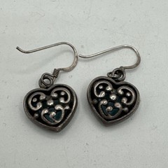 Vintage Sterling Silver Filigree Turquoise Heart Dangle Navajo Earrings 5.25g