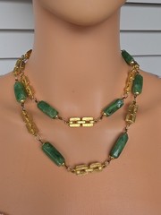 Vintage Asian Export Green Faux Jade Lucite Long Necklace Geometric Links 36.5″