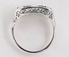 Art Deco Style Lab Created Diamond & Sapphire Engagement 14K White Gold FN Ring