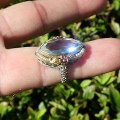 14k Solid White Gold Yellow & Rose Accented Aquamarine Pearl Filigree Ring Sz 5