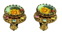 West Germany Rhinestone Earrings Floral Cabochon Signed Costume Jewelry Vintage