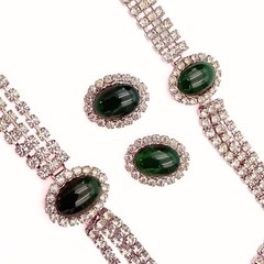 Eisenberg Ice Signed Green Glass Cabochon Clear Rhinestone Necklace Earring Set