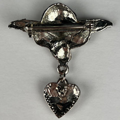 Vintage Silver Tone Cherub Angel Brooch Clear Rhinestone Dangle Heart Pin 1.75”